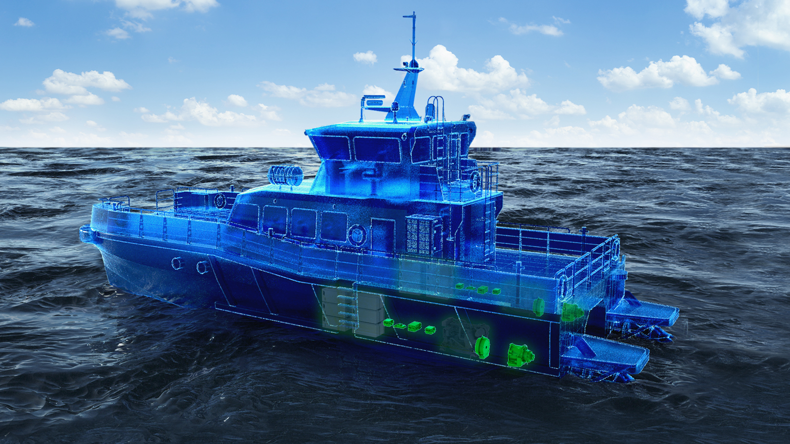Artist rendering of transparent vessel moves through the water, showing green electric propulsion components. 