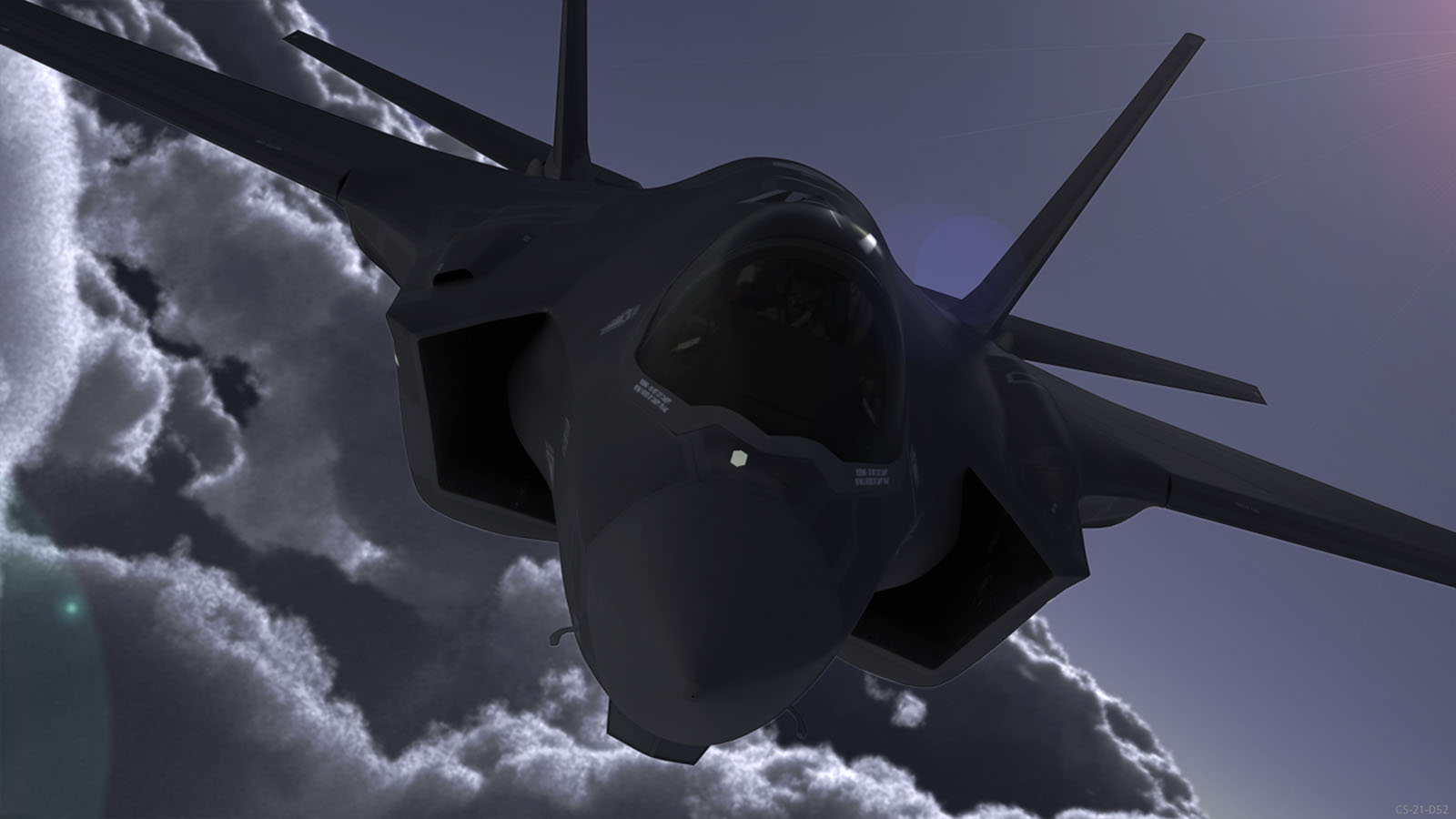 An F-35 Lightning II aircraft flies through the sky.