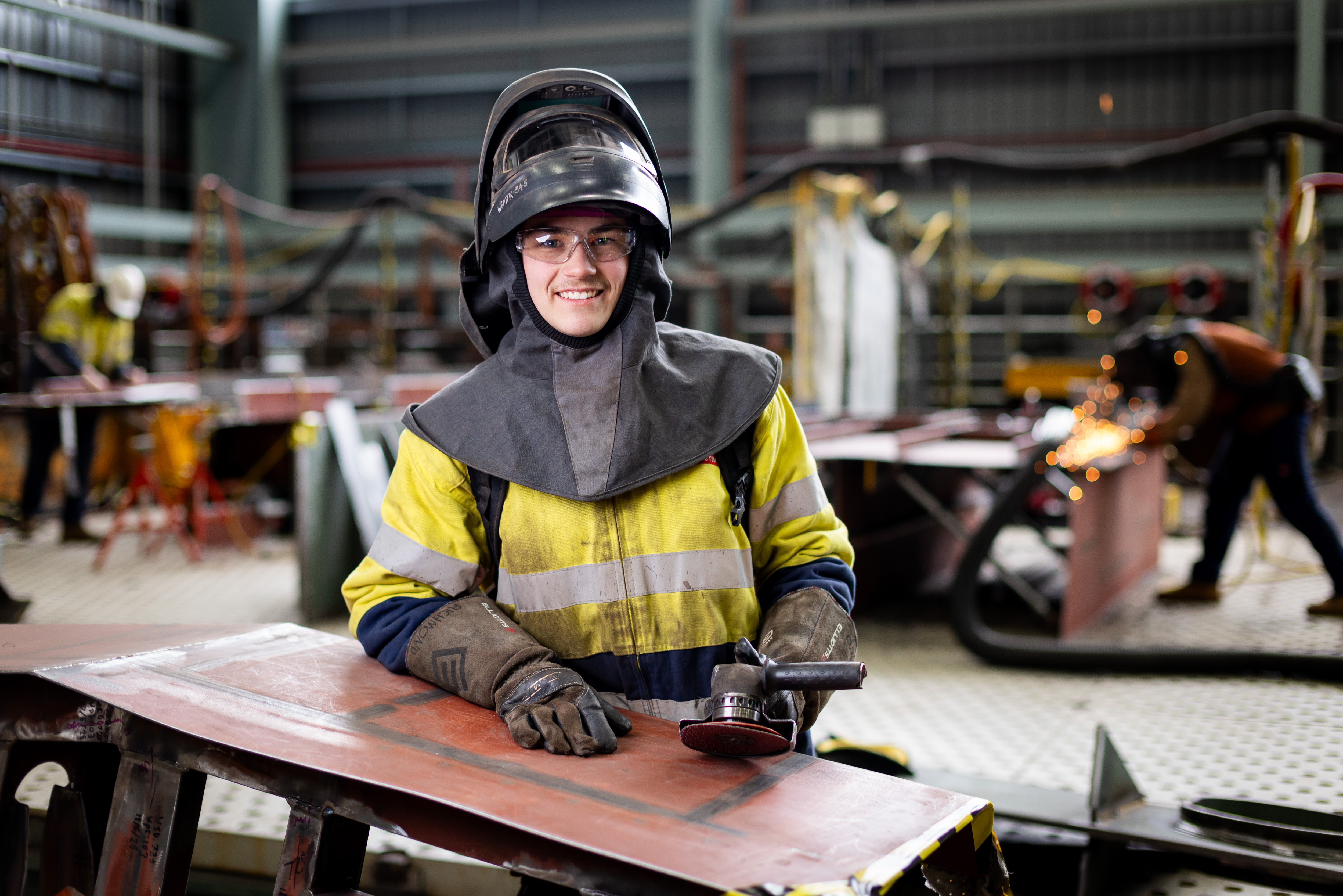 Samuel, a second-year boilermaker apprentice, working at the Osborne Naval Shipyard on the Hunter Class Frigate Program.