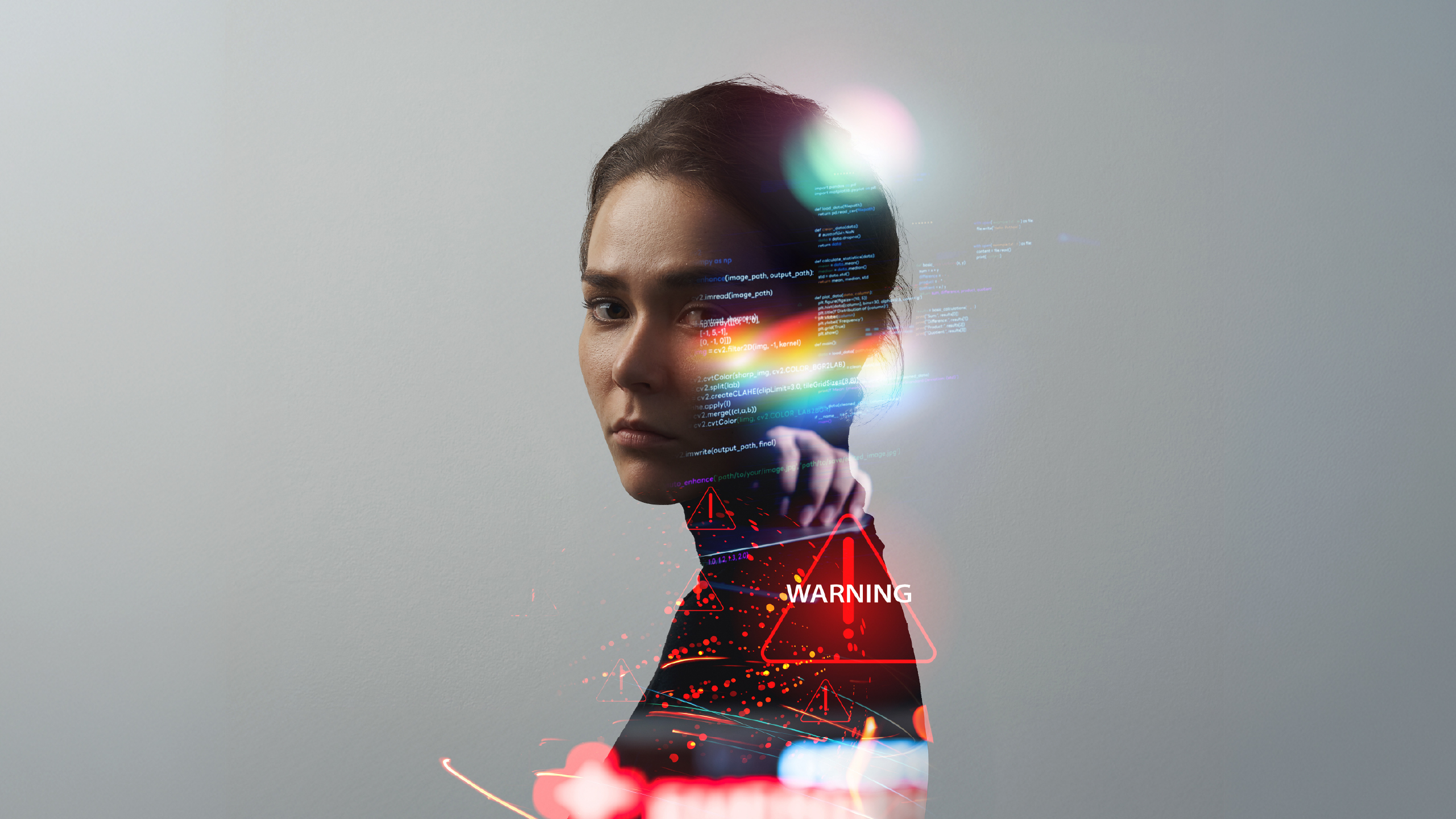 Modern image of a woman looking over her shoulder with cyber reflections showing on her clothing.