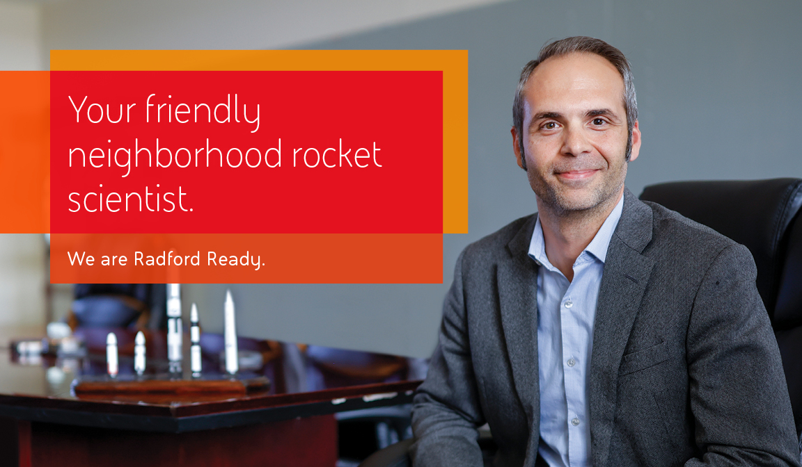 "Your friendly neighborhood rocket scientist. We are Radford Ready" on orange tabs next to a man in a suit