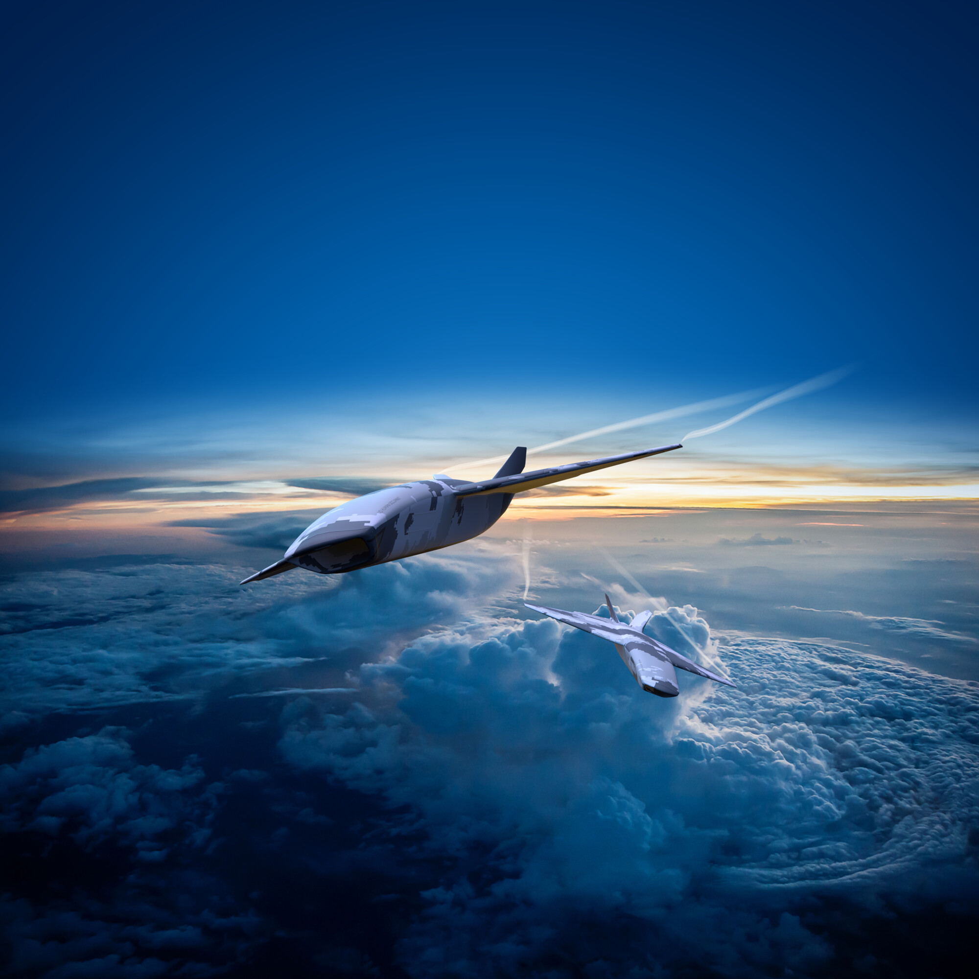 A CGI image of two CCAs flying through the sky