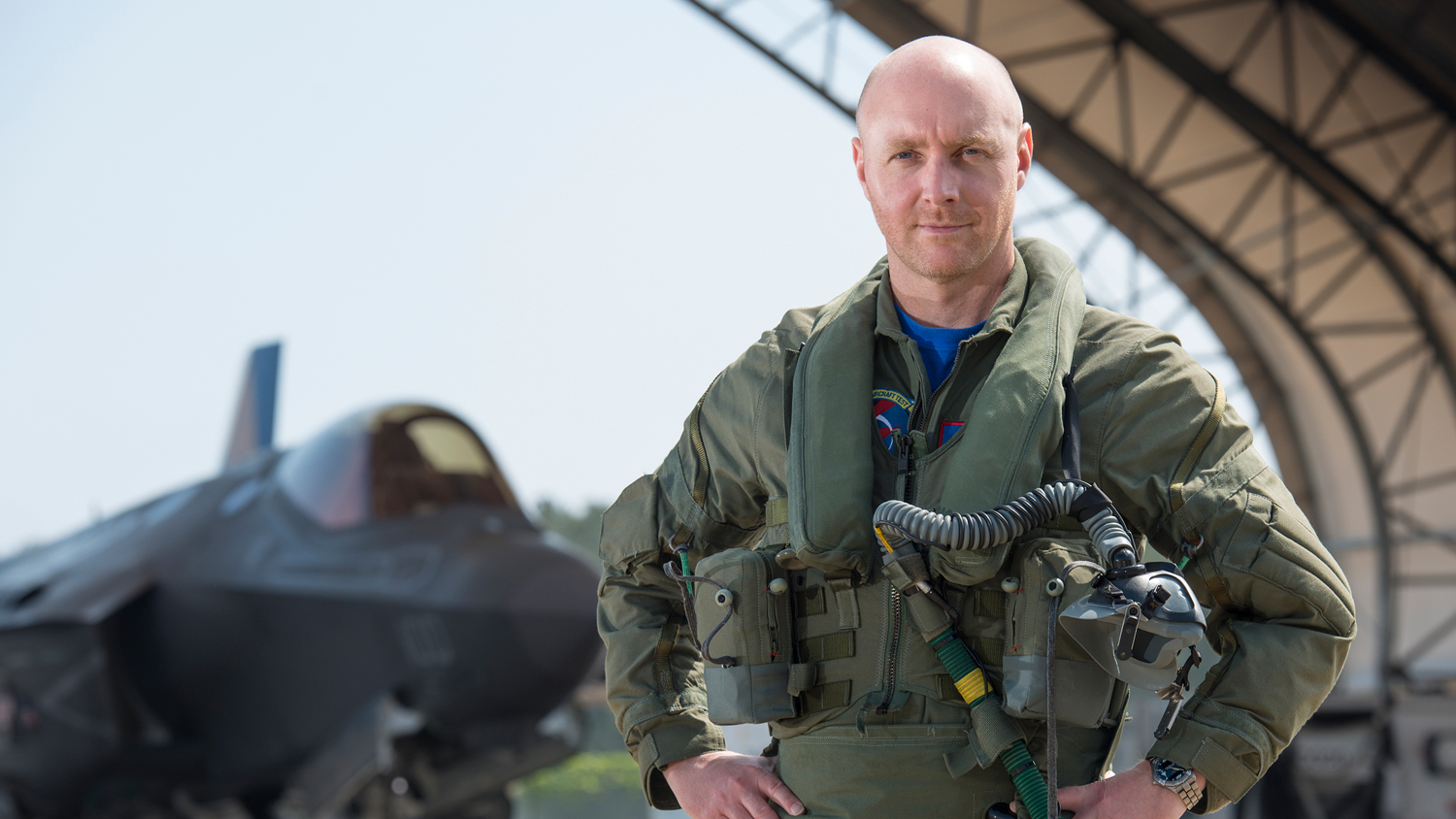 Image of Commander Nath Gray with F-35