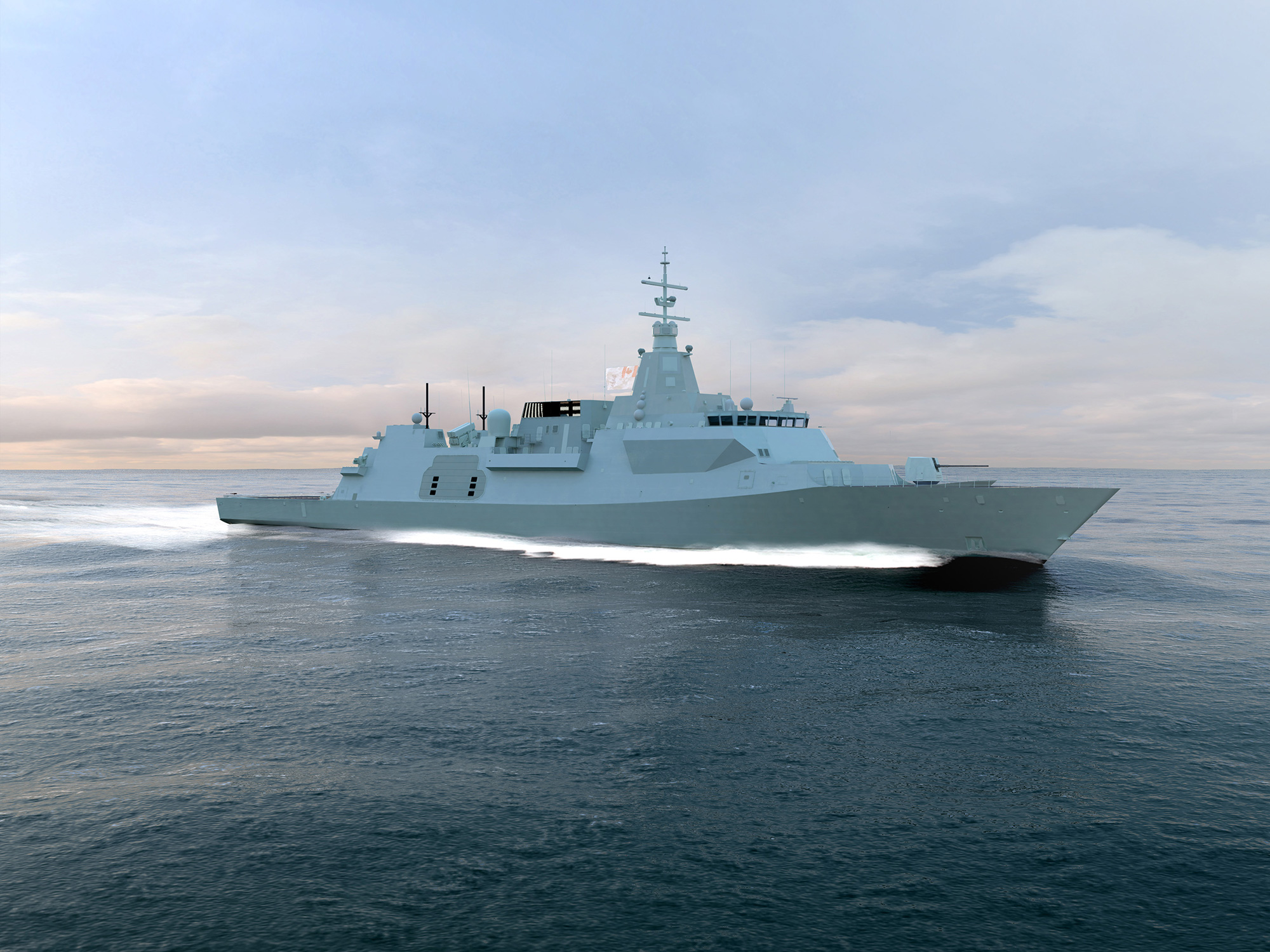 Global combat ship render sailing side view