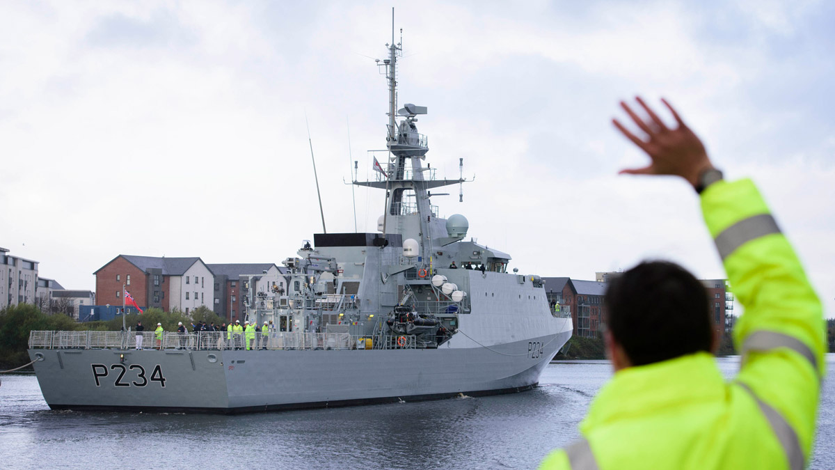 Image showing HMS Spey being waved off from Glasgow