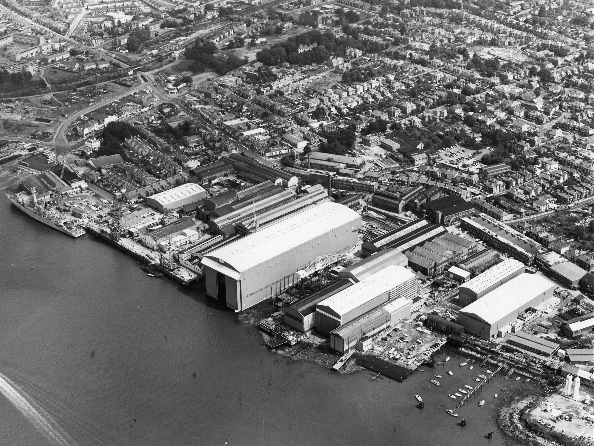 Aerial view of Vosper Thornycroft Woolston Yard, 12th August 1974.