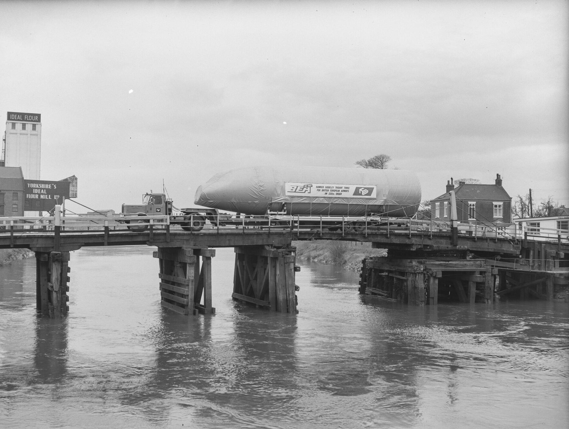 Trident 3 front fuselage on lorry crossing toll bridge at Selby after being manufactured at Hawker Siddeley Brough, 11th March 1969.