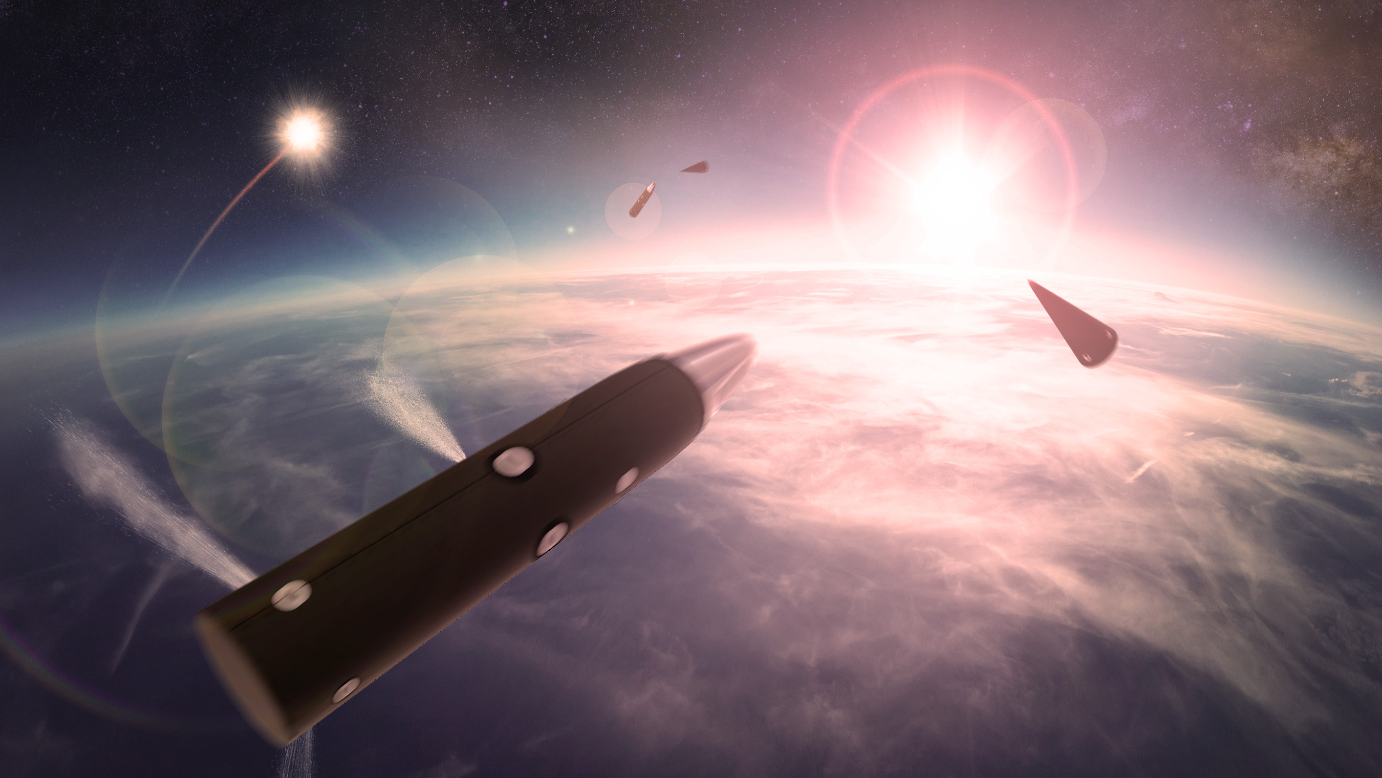  Elements of the Terminal High Altitude Area Defense (THAAD) weapon system engage ballistic missiles in space.