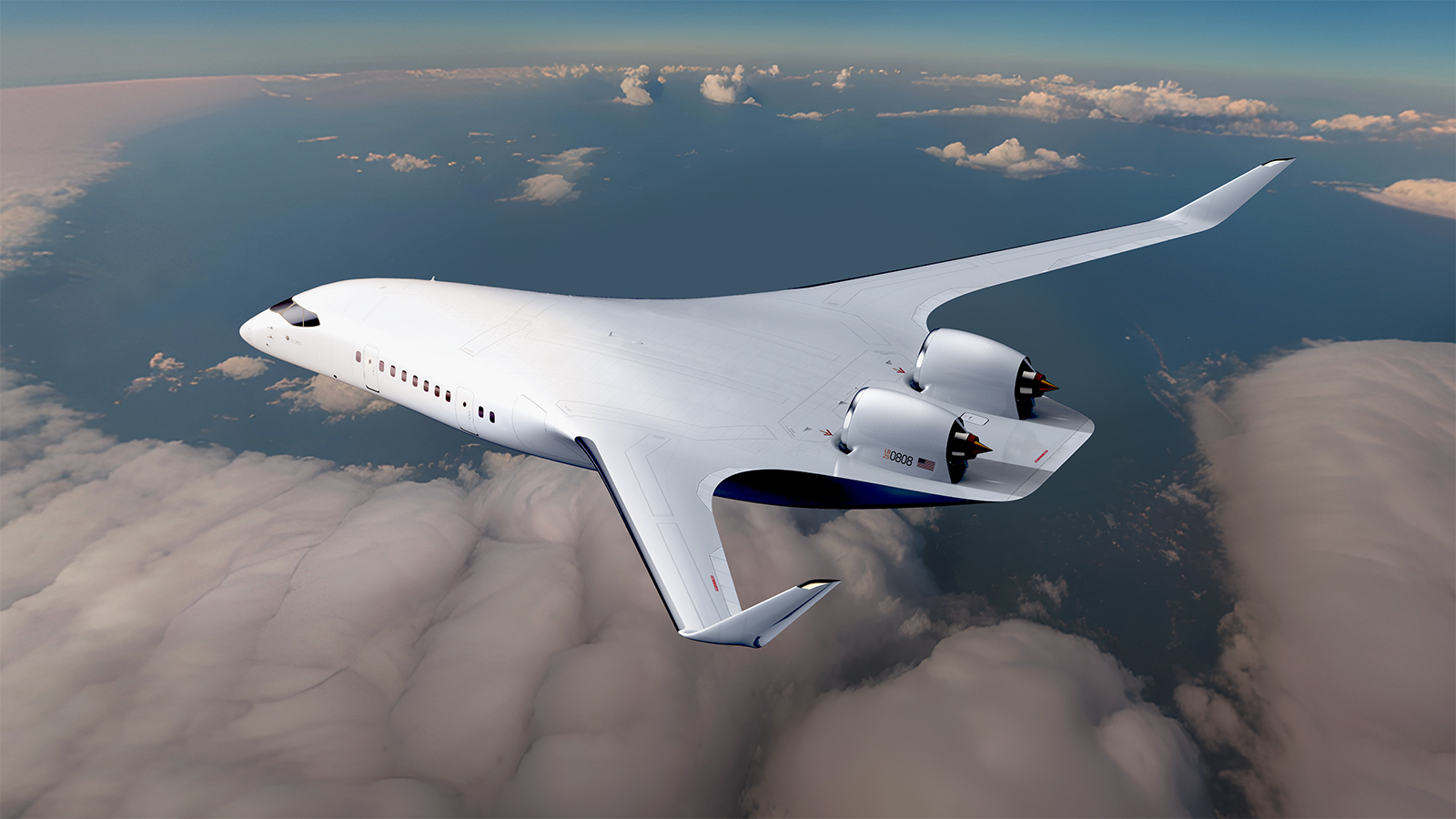 JetZero blended-wing aircraft flies over clouds