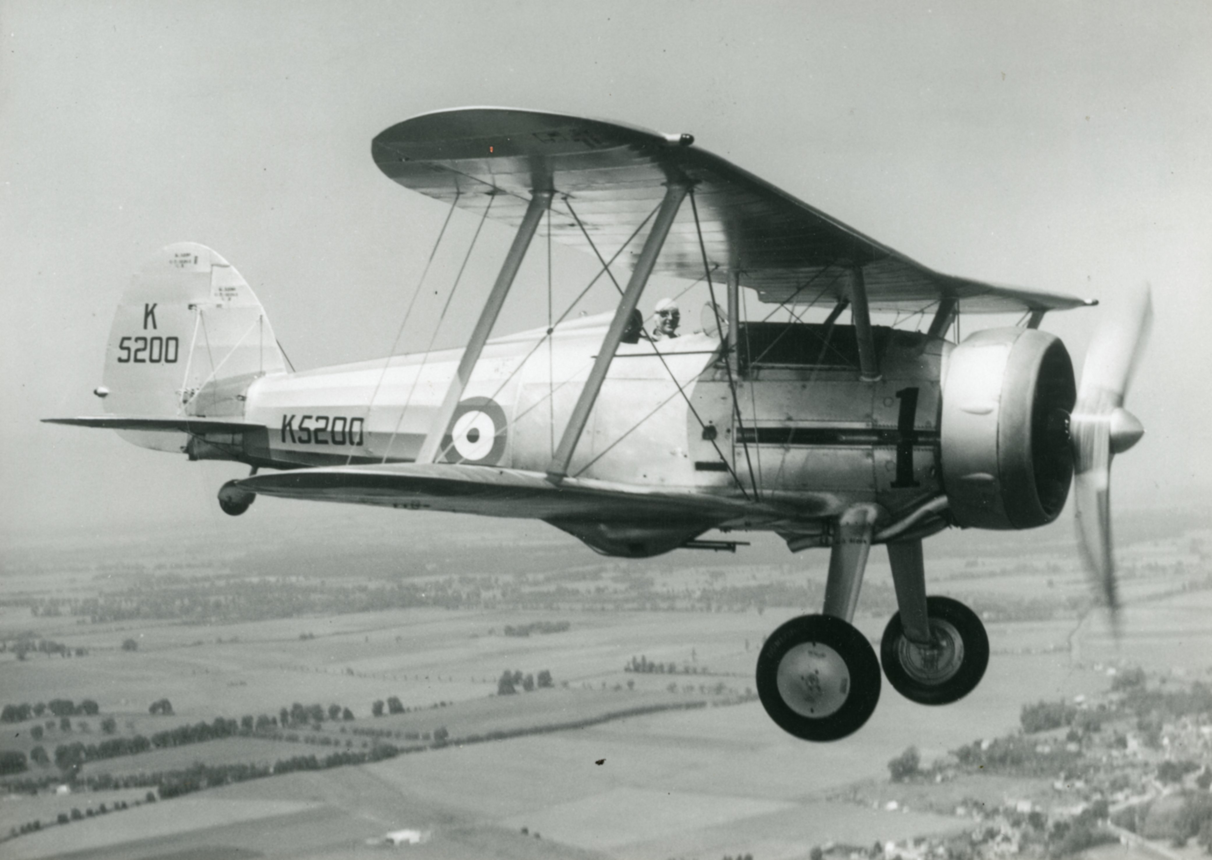 The prototype Gloster Gladiator (K5200) being flown by Gerry Sayer, Gloster's test pilot, in 1935.