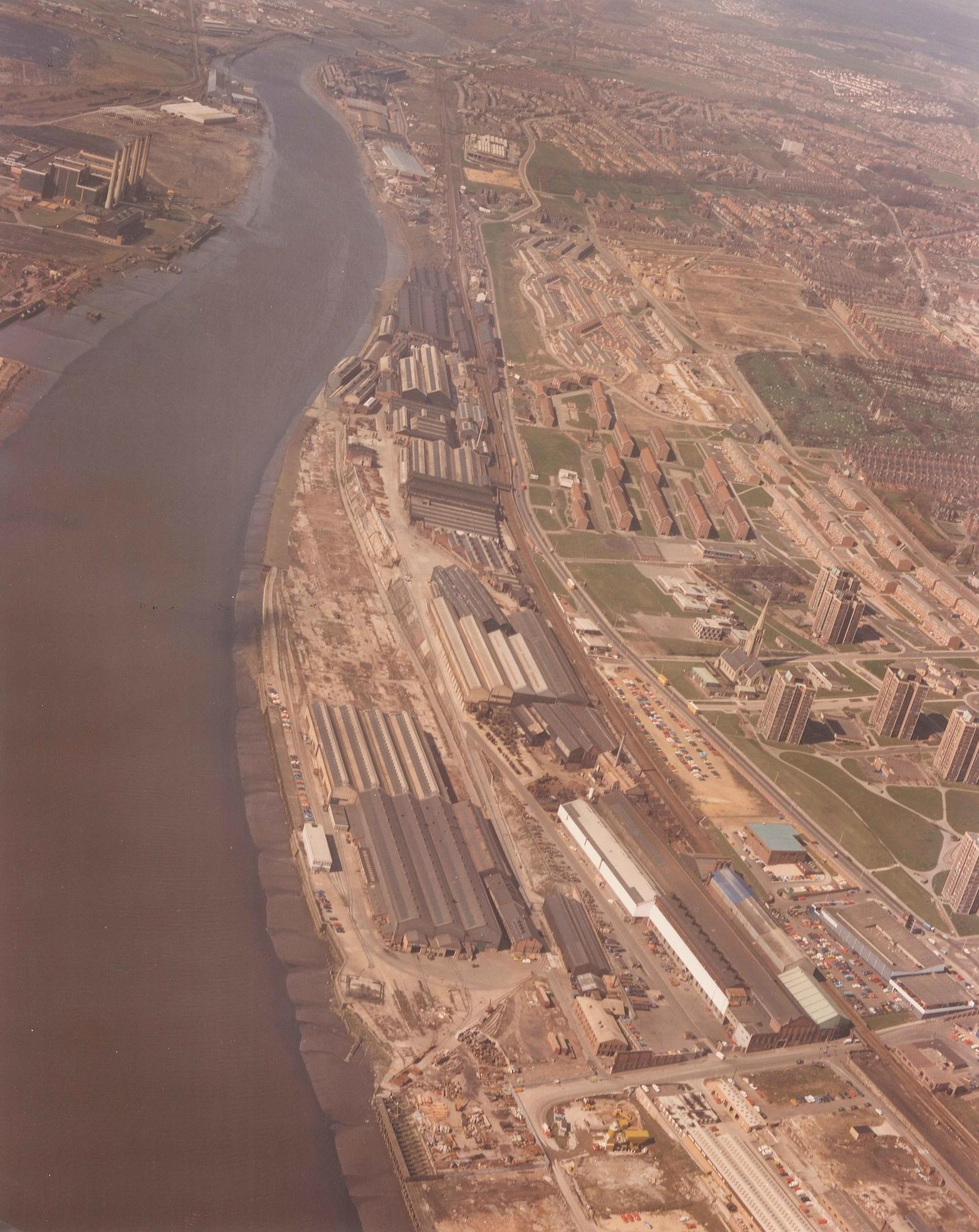 Aerial view of Elswick and Scotswood sites looking west, 1970s.