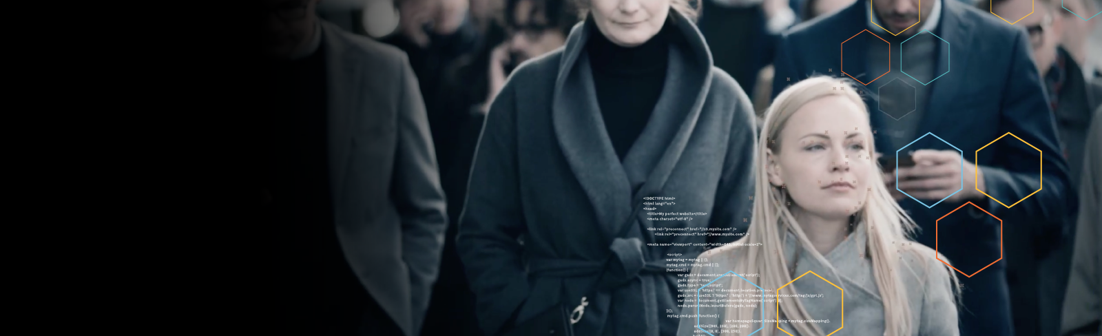 Photographic banner image featuring a close of up of a woman in a crowd of people