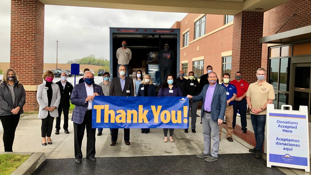 BAE Systems donated six pallets of equipment, including masks, gloves, safety glasses, disposable gowns, toilet paper and hand sanitizer to WellSpan Health in York, Pennsylvania.