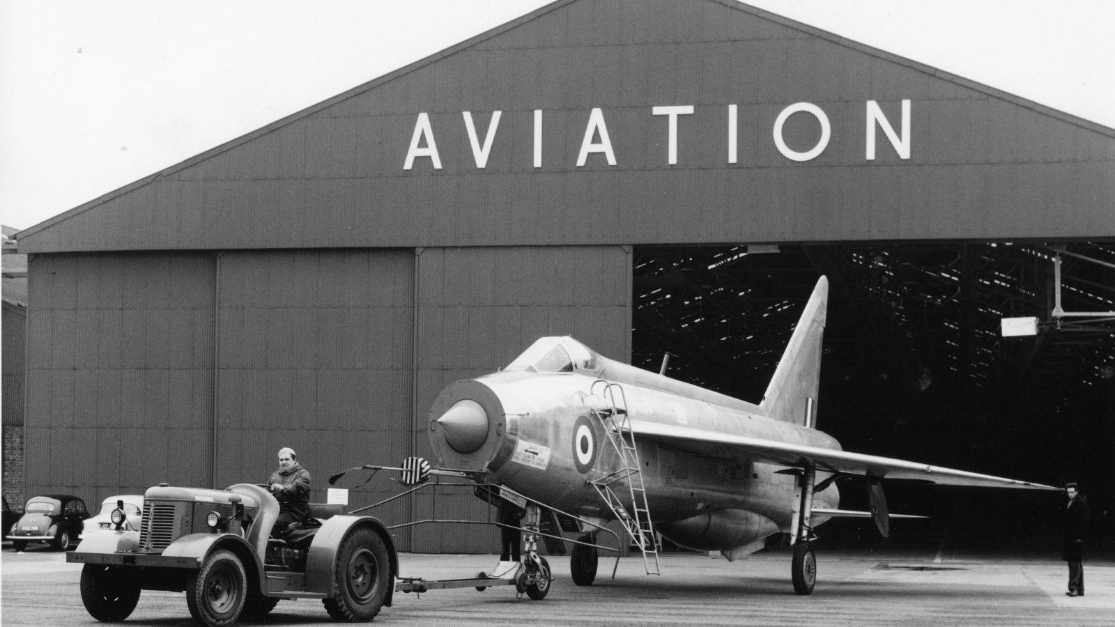 English Electric Lightning emerges from the hangar at Warton English Electric Lightning emerges from the hangar at Warton