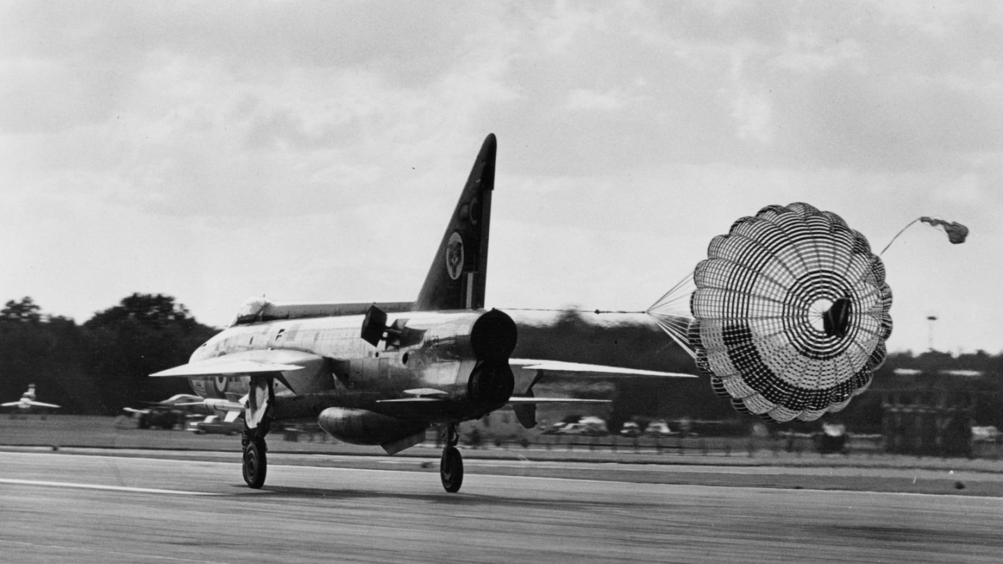 EE Lightning F.1 (XM149) landing with chute deployed EE Lightning F.1 (XM149) landing with chute deployed