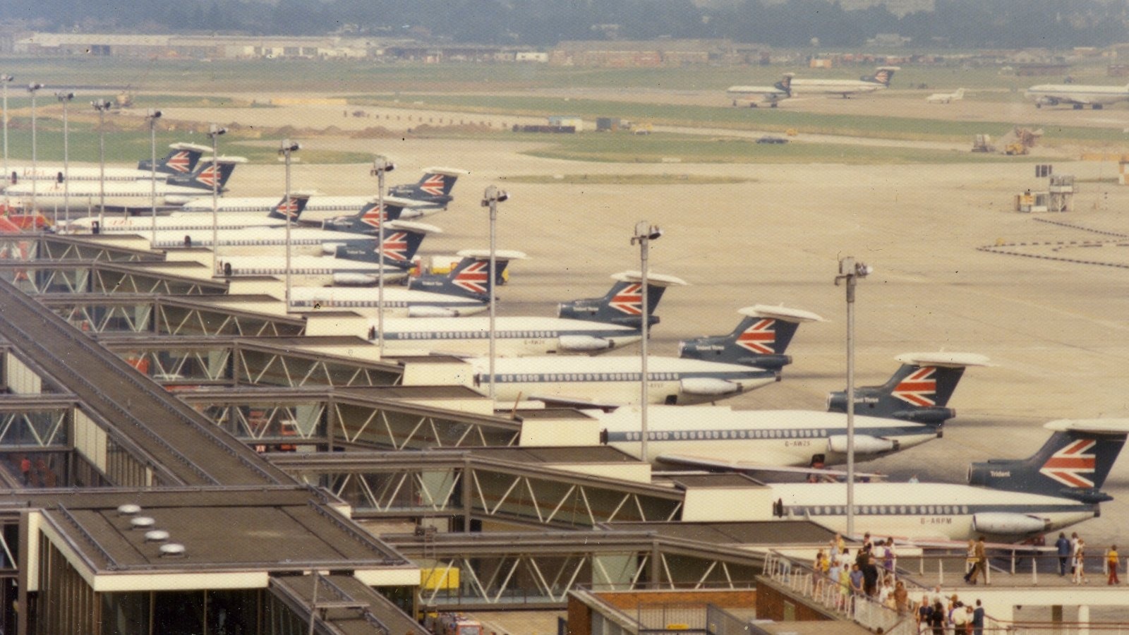 Various BEA Tridents lined up on stands at Heathrow Airport Various BEA Tridents lined up on stands at Heathrow Airport