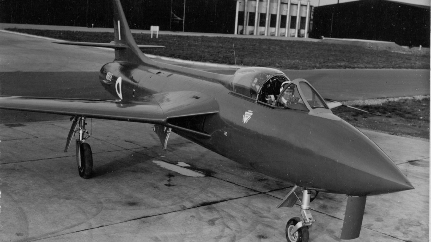 Hawker Hunter (WB188) taxying for take off with Neville Duke at the controls Hawker Hunter (WB188) taxying for take off with Neville Duke at the controls