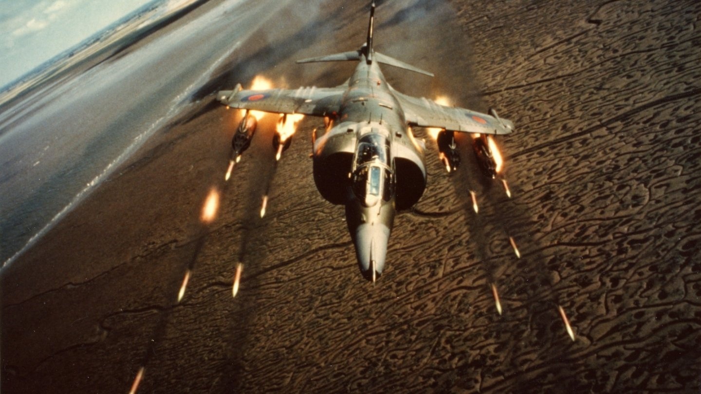 Hawker Harrier GR3 RAF firing SNEB weapons Hawker Harrier GR3 RAF firing SNEB weapons