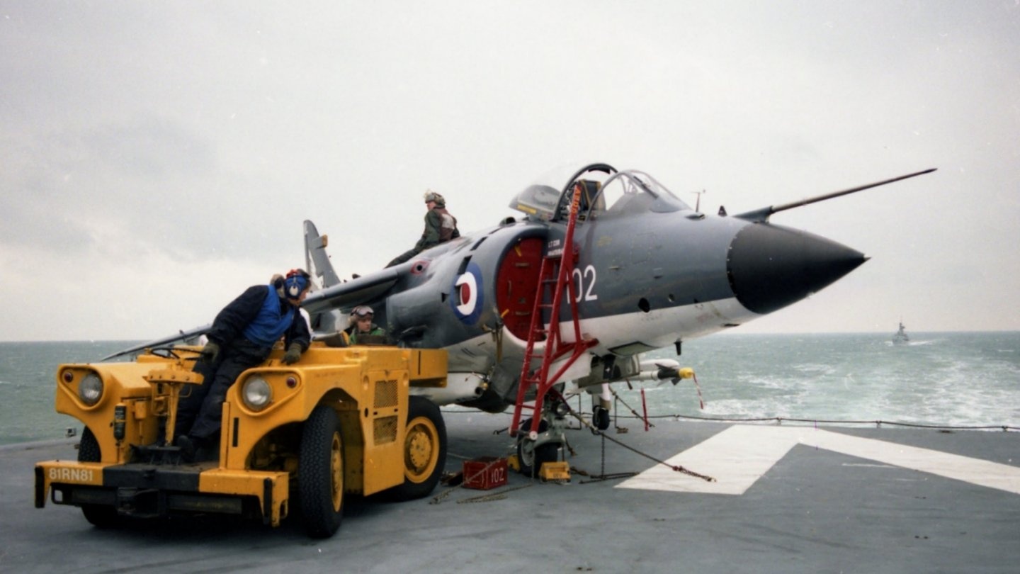 BAe Sea Harrier FRS1 being positioned on the flightdeck 1980 BAe Sea Harrier FRS1 being positioned on the flightdeck 1980