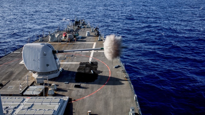 The Mk 45 gun – a Louisville gun program – fires during a U.S. Navy live fire exercise in the Philippine Sea. (U.S. Navy photo) The Mk 45 gun – a Louisville gun program – fires during a U.S. Navy live fire exercise in the Philippine Sea. (U.S. Navy photo)