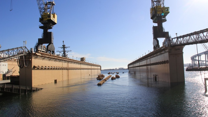 BAE Systems’ 950-foot-long “Pride of California” drydock is flooded, with keel blocks in place, in advance of the destroyers’ arrival. BAE Systems’ 950-foot-long “Pride of California” drydock is flooded, with keel blocks in place, in advance of the destroyers’ arrival.