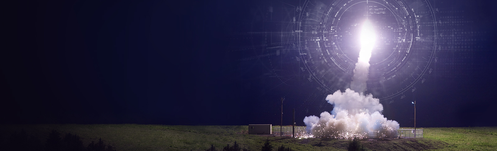 A THAAD interceptor launches from the ground, lighting up the night sky. An artist’s graphic overlay on the photo represents guidance technology.