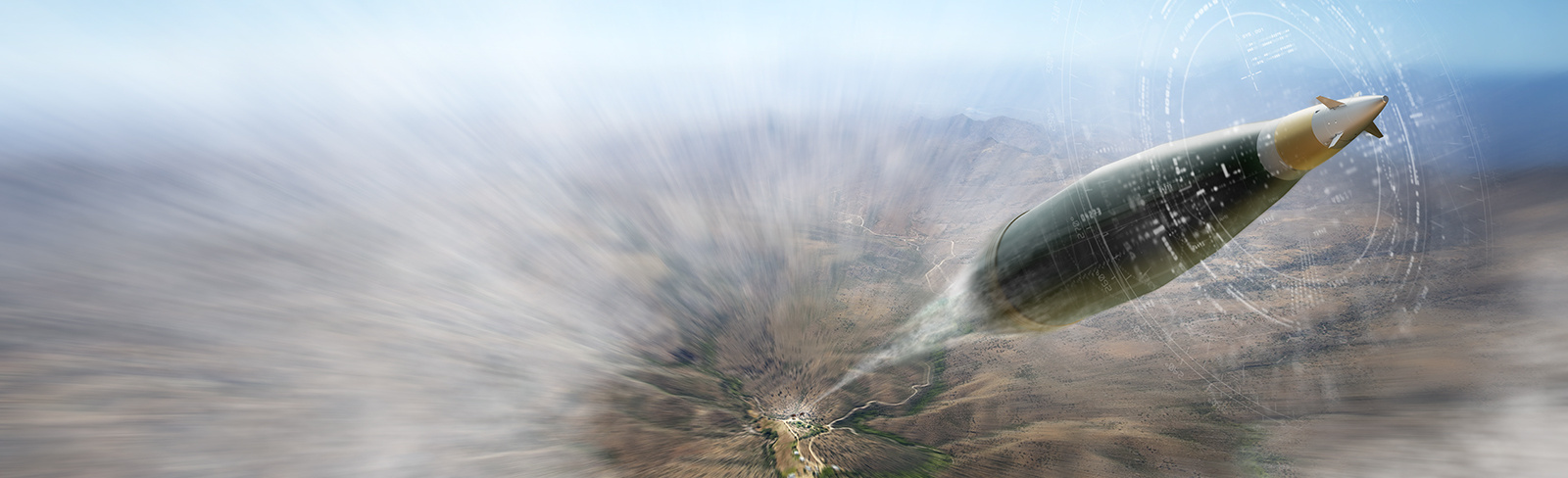 An artillery projectile arcs through the sky. An artist’s digital overlay depicts guidance technology.