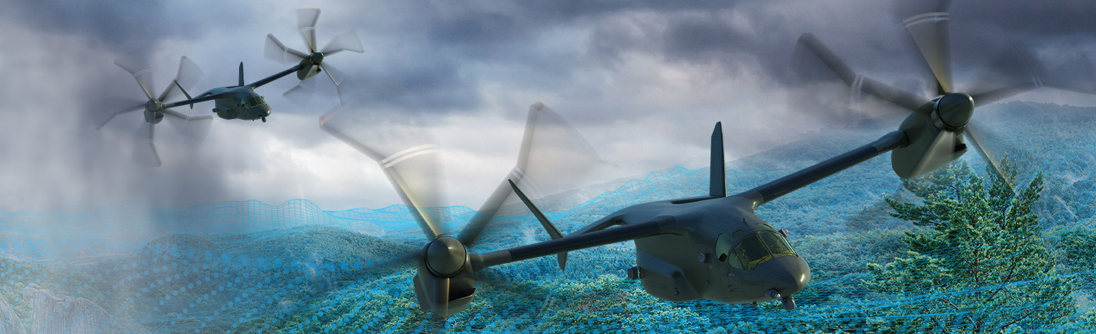 Two futuristic aircraft – a rotary wing on the left and a fixed wing on the right – in flight at dusk with a mountain range in the background