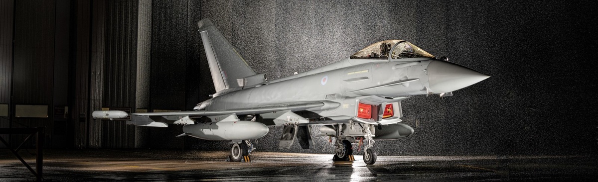 Eurofighter Typhoon in front of BAE Systems hangar doors 