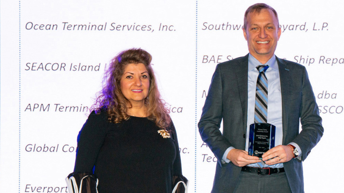 BAE Systems Ship Repair VP and GM Paul Smith and S.H.E. Director Noushin Sprossel received an Industry Safety Leadership Award from Signal Mutual as one of five U.S. shipyard companies to be recognized for superior safety performance last year. BAE Systems Ship Repair VP and GM Paul Smith and S.H.E. Director Noushin Sprossel received an Industry Safety Leadership Award from Signal Mutual as one of five U.S. shipyard companies to be recognized for superior safety performance last year.