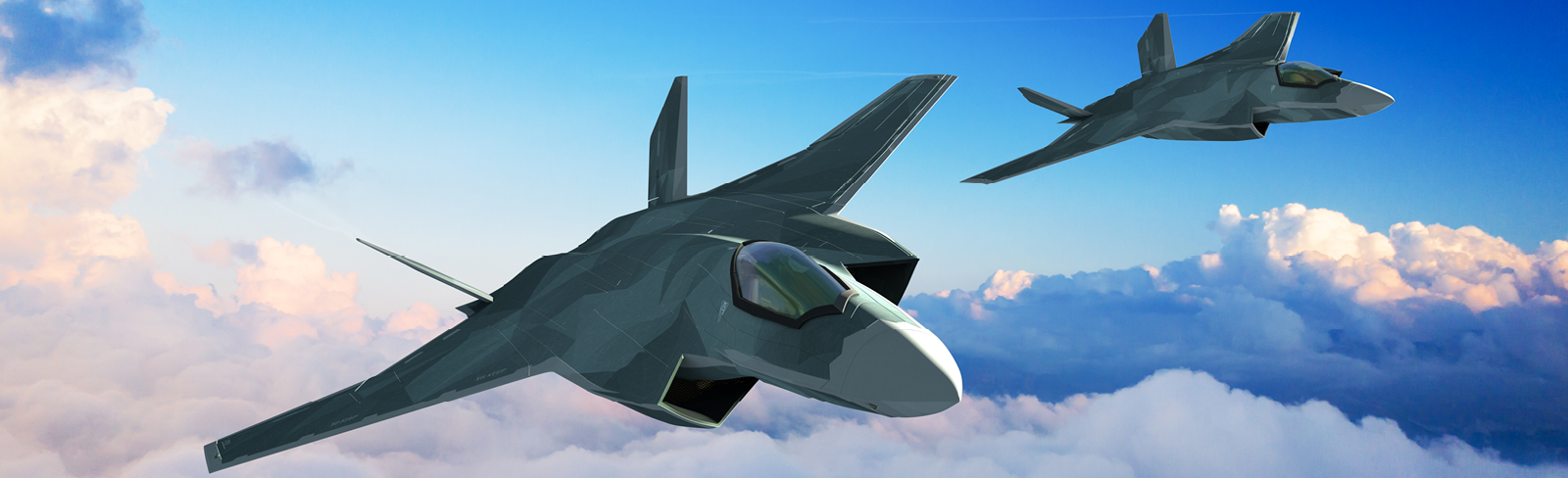 Concept image of the GCAP stealth aircraft flying above the clouds