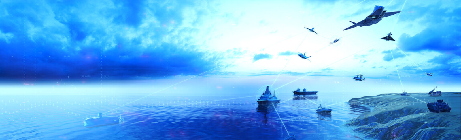 Digital data connections concept between aircraft, land vehicles, submarines and ships in the sea and satellites in the sky in the multi-domain network. 