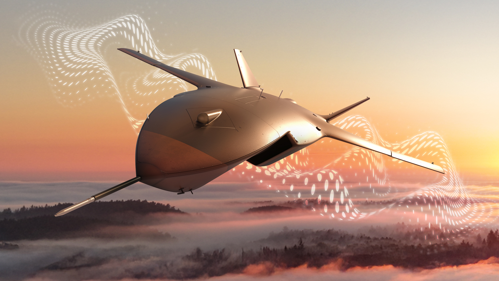 Two unmanned MQ-25 and MQ-28 aircraft communicating secure Link 16 signals
